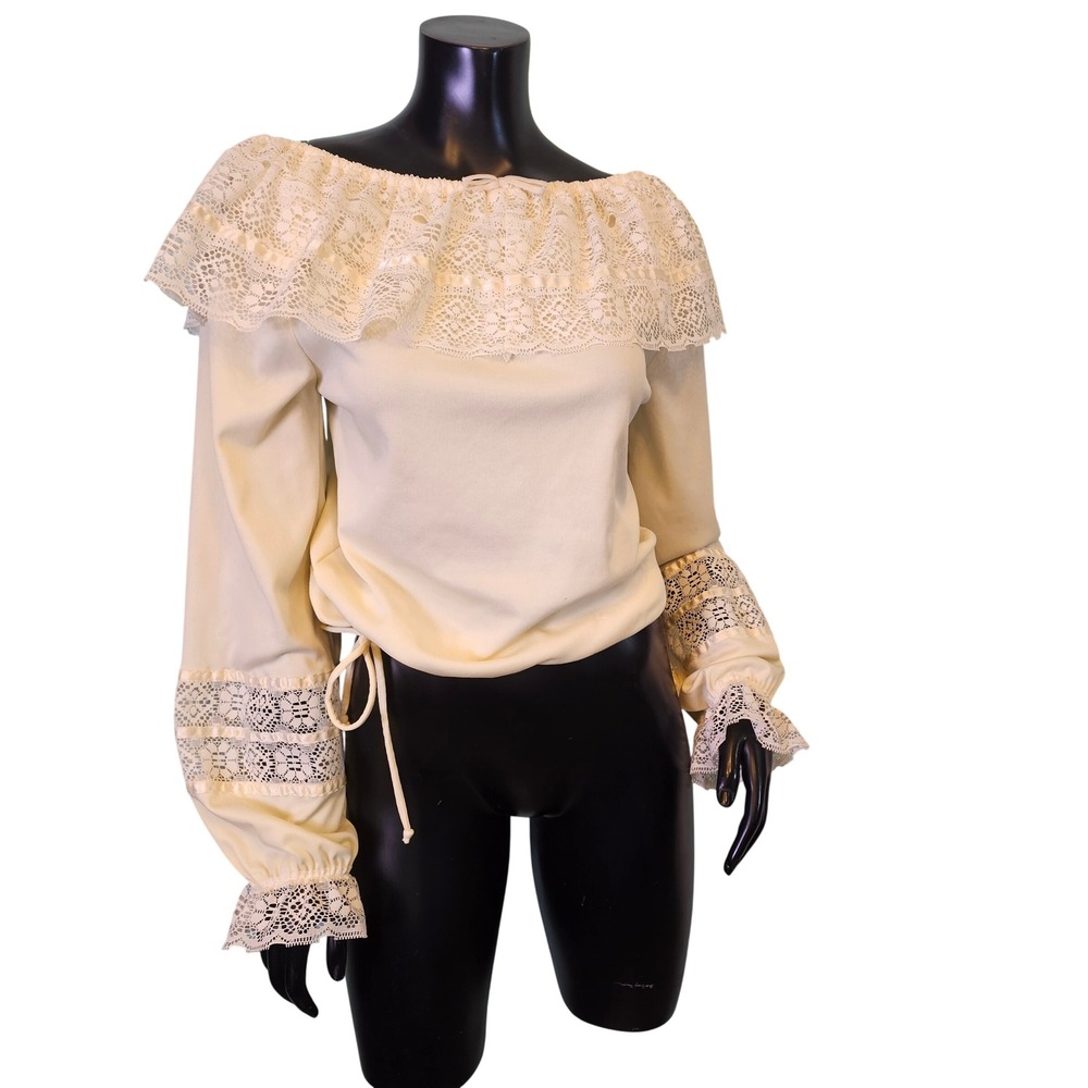 Vintage 70s Ivory Lace Peasant Blouse Off Shoulder Boho Prairie Victorian Top S